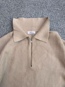 Cozy Beige Quarter Zip Knit Sweater