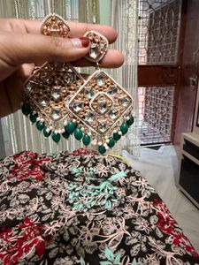 Elegant Kundan Earrings with Green Beads