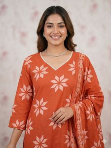 Orange Floral Kurta Set with Dupatta.