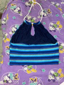 Blue Striped Halter Neck Crop Top