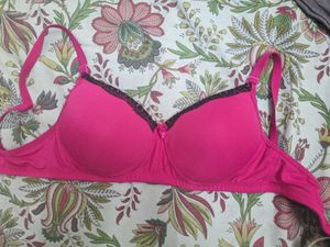 Pink Padded Bra with Black Lace Trim