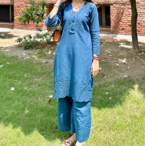 Teal Blue Cotton Schiffli Kurta Set