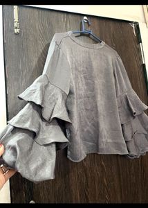 Stylish Grey Ruffle Sleeve Top
