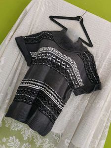 fashion & bug Patterned Knit Short Sleeve Sweater