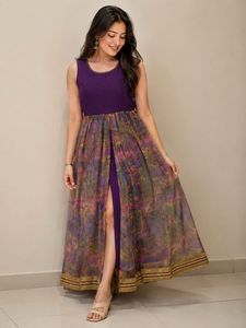 Elegant Purple & Floral Print Gown