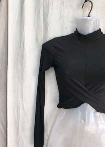 Black Long Sleeve Wrap Crop Top