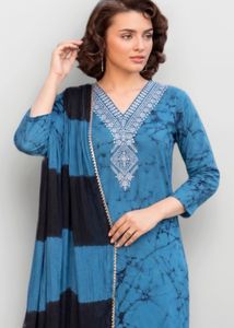 Blue & Black Tie-Dye Kurta set with Embroidery