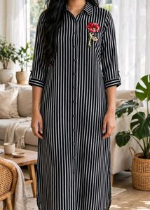 Chic Striped Button-Up Dress with Floral Accent