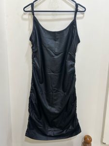 Leather type Black Ruched Mini Dress