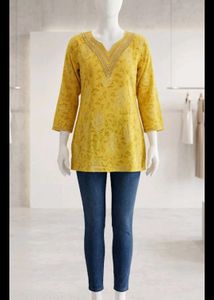shorts kurti Sunny Yellow Embroidered Tunic Top