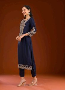 Embroidered Navy Blue Kurta