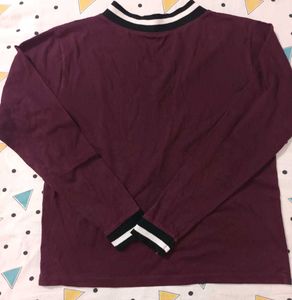 Maroon V-Neck Striped Trim Top