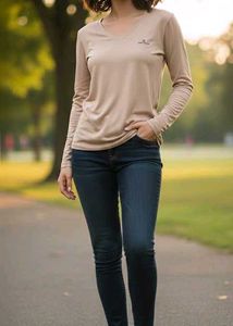 Beige Long Sleeve V-Neck Top