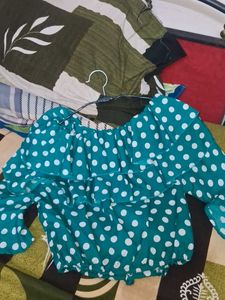 Chic Teal Polka Dot Off-Shoulder Top