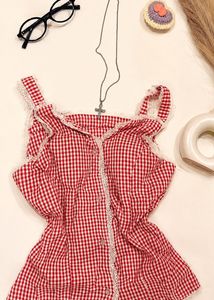 Red Gingham Button-Up Crop Top
