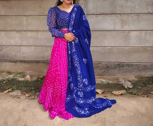 Vibrant Pink &amp; Blue Bandhani Lehenga Choli Set