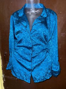 Chic Teal Satin Button-Up Shirt