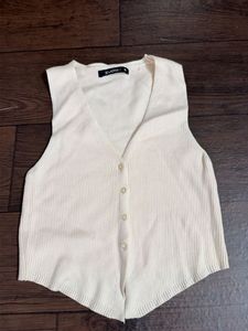 Cream Ribbed Knit Button-Up Vest