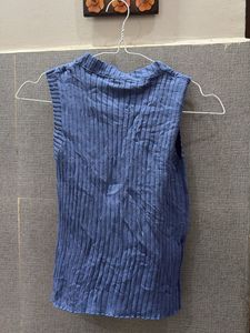 Blue Ribbed Sleeveless Mock Neck Top