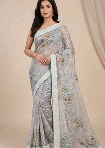 Elegant Grey Floral Print Saree