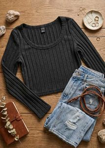 Shein Black Ribbed Long Sleeve Top