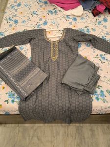 Elegant Grey Printed Kurta Set with Dupatta