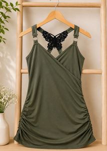 Olive Green Ruched Cami with Butterfly Detail