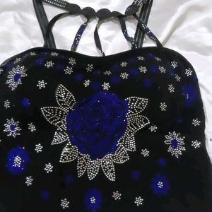 Embellished Black Blouse with Blue Accents