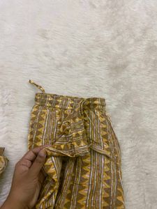 Mustard Yellow &amp; Grey Block-Printed Kurti Set