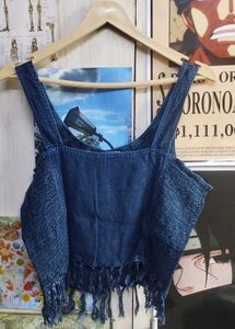 Boho Denim Crop Top with Fringe
