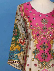 Beige And Pink Floral Printed Synthetic Suit Set