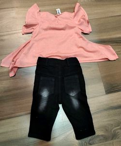 Cute Pink Top &amp; Black Jeans Set