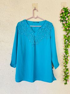 Turquoise Kurta with Embellished Neckline