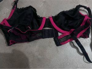 Black Lace Mesh Underwire Bra with Hot Pink Trim &amp;