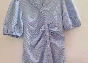 Blue Gingham Puff Sleeve Dress