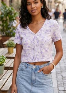 Cute Floral Print Button-Up Crop Top