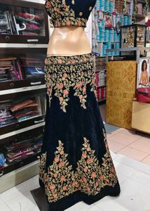 Navy Blue Embroidered Velvet Lehenga Choli