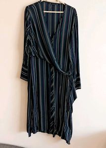 ZARA Women's Navy Blue Striped Wrap Dress