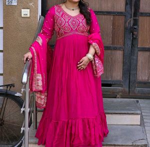 Padded fuchsia pink Ethnic Gown set with cancan
