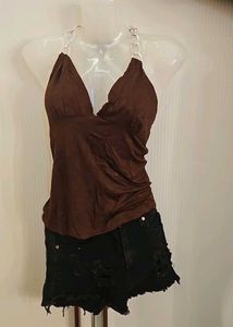 Brown Halter Top with Chain Detail