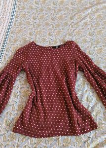 Maroon Polka Dot Top with Balloon Sleeves