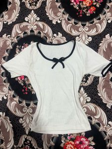 Cute White Top with Black Trim & Bow