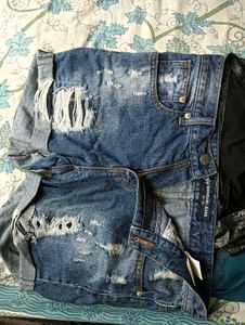 Distressed Denim Shorts &amp; Teal Camisole Set
