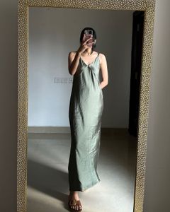 V-Neck Satin Slip Midi Dress in Olive Green