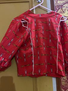 Red Printed Cropped Zip-Up Blouse