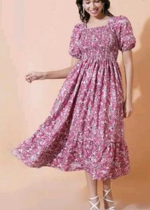 Stylish Floral Print Smocked Midi Dress