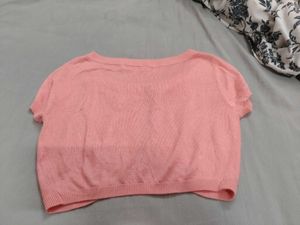 Pink Cropped Cardigan with Lace Collar