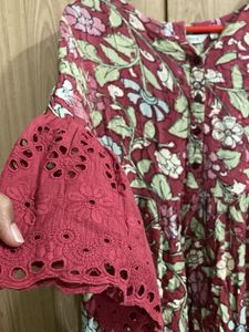 POCKETS!! Maroon Floral Print Kurta with Bell Slee