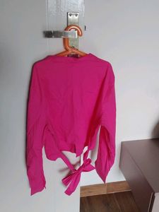 Vibrant Pink Button-Up Tie-Waist Blouse