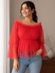 Red Tulle Off-Shoulder Top